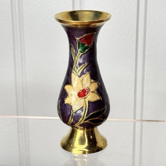 Vintage Brass Mini Bud Vase Hand Painted Floral Enamel Cloisonné Style 3” Small - Picture 1 of 7